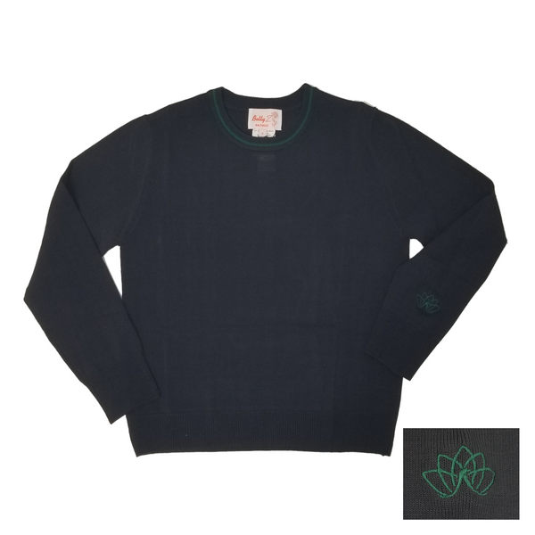 Rayon Crew Neck Sweater Navy w Green Trim 204CPGT with Bais Tziporah HS Embroidery
