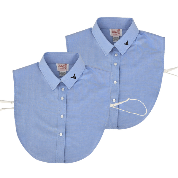 Two blue shirt collars with buttons on a white background with satmer logo