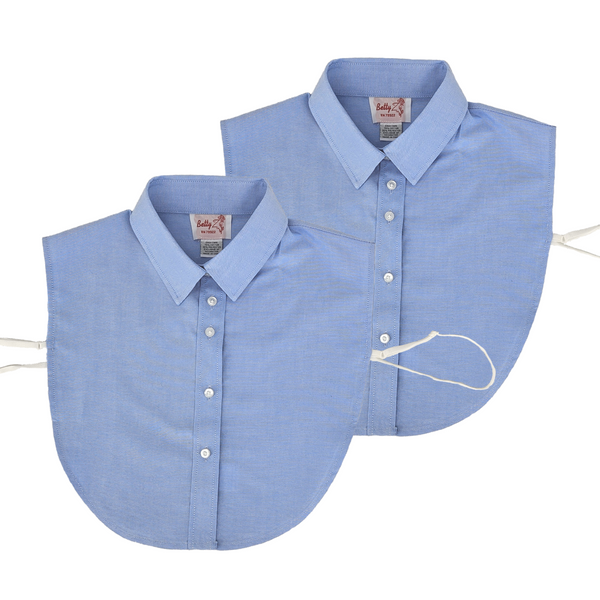 Two blue shirt collars with buttons on a white background
