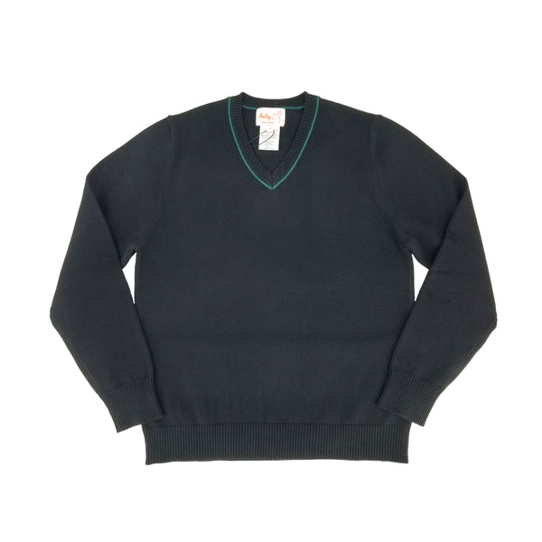 Cotton V Neck Sweater Black w Green Trim 102VPGT