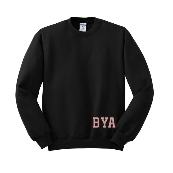 black crew neck sweatshirt style 562 with BYA print
