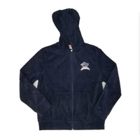 Chaqueta de terciopelo azul marino con cremallera y capucha 869H con bordado Bnos Yisroel Flatbush 