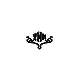 Black embroidered text 'TMM' on a white background